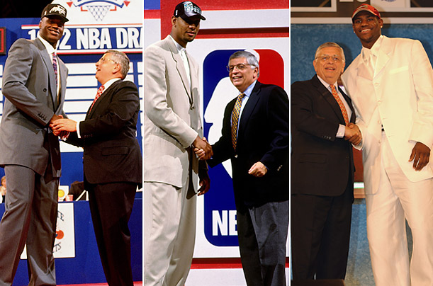 On draft day each year Stern has welcomed many of the game's top stars to the league, from left: Shaquille O'Neal in 1992, Tim Duncan in 1997 and LeBron James in 2003.