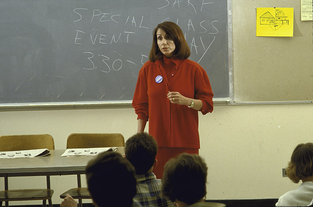 Pelosi speaks in a classroom at the San Francisco State University during her campaign for Congress in 1987.