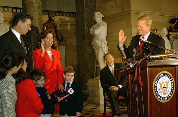 In 2001, Representative Pelosi became the first woman in US history to gain election as the Minority Whip. During the swearing-in ceremony, above, outgoing Whip Dick Gephardt paid tribute to his successor.