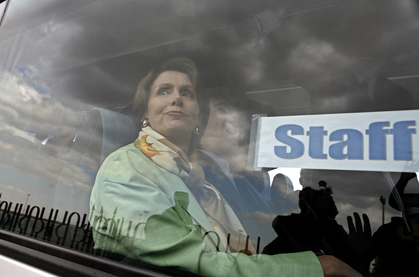 Speaker Pelosi sits in a bus after arriving in Damascus, Syria, as part of a 2007 Mideast Tour. During her visit, she spoke with Syrian President Bashar Assad.
