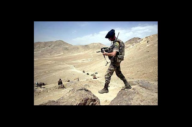 A French soldier on a peacekeeping patrol in the mountains north of Kabul.