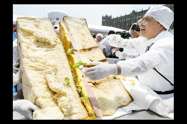 the world's largest sandwich is cut in zocalo square, mexico city