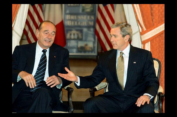 President George W. Bush meets with French President Jacques Chirac in Brussels