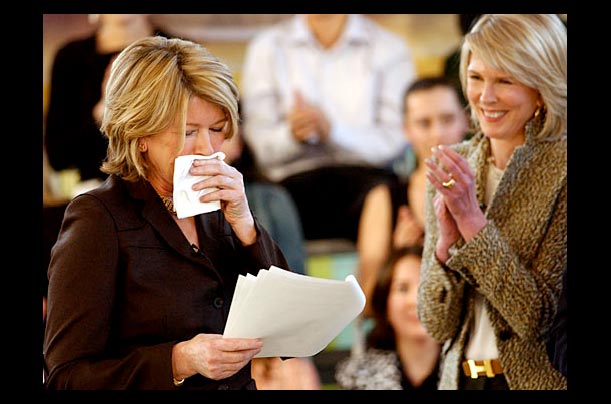 Martha Stewart sheds a tear while Susan Lyne, CEO of Martha Stewart Living Omnimedia, looks on