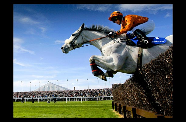 Grey Abbey, ridden by jockey Gary lee, jumps the last fence to win the Betfair Bowl Steeple Chase in Liverpool