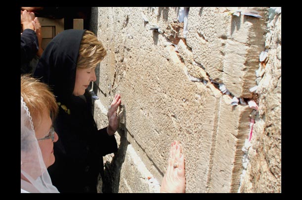 U.S. First Lady Laura Bush and Israeli First Lady Gila Katsav touch the Western Wall in Jerusalem
