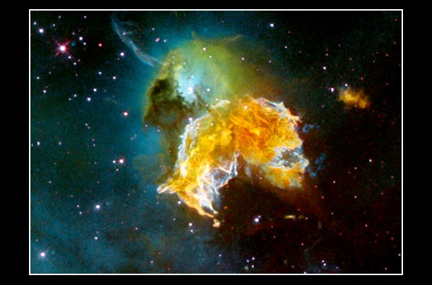 A mass of gas and dust emanating from a fragment of a nearby supernova is captured by the Hubble Space Telescope