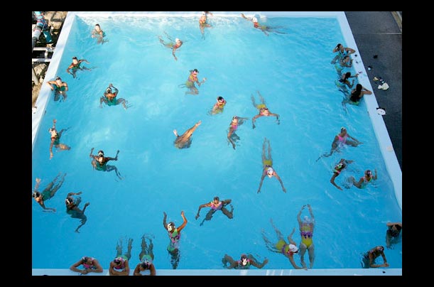A warm-up pool at the synchronized swimming world championships at the parc jean-drapeau in montreal, canada