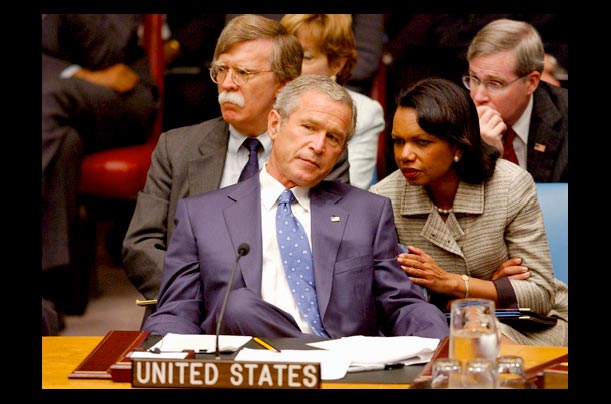President Bush, Secretary of State Condoleezza Rice, and American Ambassador to the U.N. John Bolton at the U.N.'s Security Council special meeting
