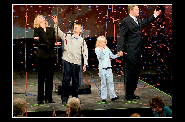 Federal Conservative leader and soon-to-be prime minister Stephen Harper and his family celebrate the party's election victory