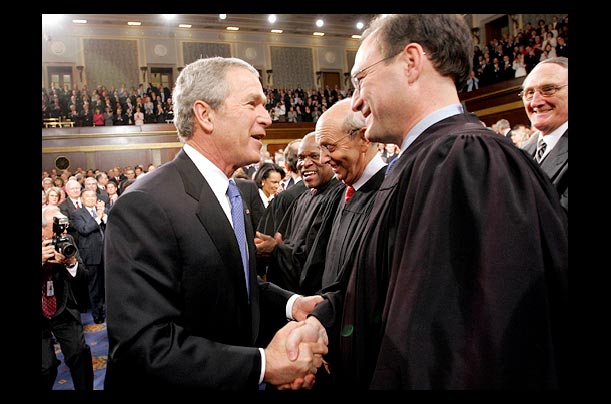President Bush greets Supreme Court Justice Samuel Alito in the Capitol before the State of the Union address after Alito was sworn in