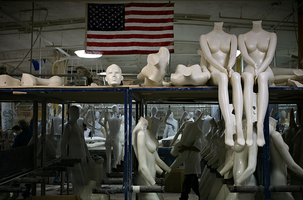 Mannequins are stored at the Goldsmith Display Mannequin and Fixture Company in New York City.