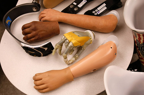 Prosthetic limbs at Walter Reed Army Medical Center's new Military Advanced Training Center. The 31,000-sq.-ft. facility provides medical care and therapy services with exercise areas and computer simulation training for amputees.