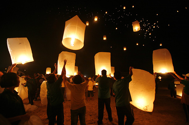 Floating paper lanterns are released over the ocean in Khao Lak, Thailand, in honor of the victims of the 2004 tsunami.