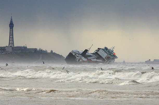 High winds forced the cargo ship Riverdance to run aground near Blackpool, England.