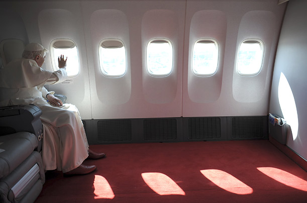 Pope Benedict XVI waves to those waiting to greet him upon his arrival at Andrews Air Force Base, Maryland.