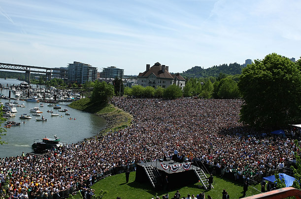 Nearly 75,000 spectators jam into Waterfront Park to see Barack Obama speak at a campaign rally in Portland, Oregon.