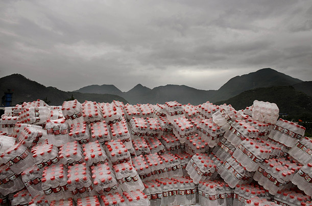 Bottles of water pile up at a refugee camp for survivors of the massive May 12 earthquake in Leigu near the town of Beichuan, southwest China's Sichuan Province.

