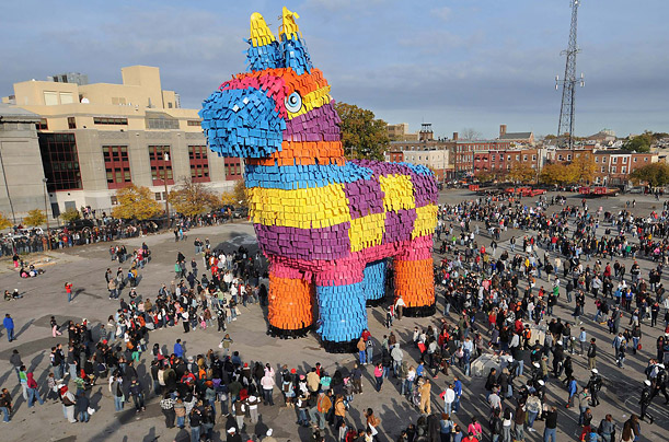 Spectators in Philadelphia, Pennsylvania views a huge pinata made in an attempt to break the Guinness World record for world's largest pinata.


