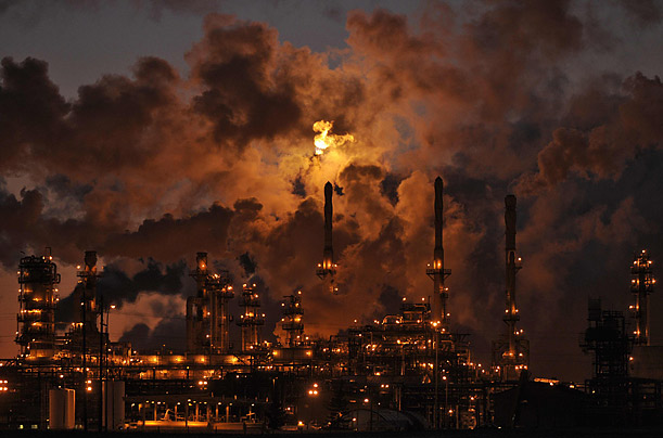 Petro-Canada's Edmonton Refinery and Distribution Centre glows at dusk in Edmonton, Canada.

