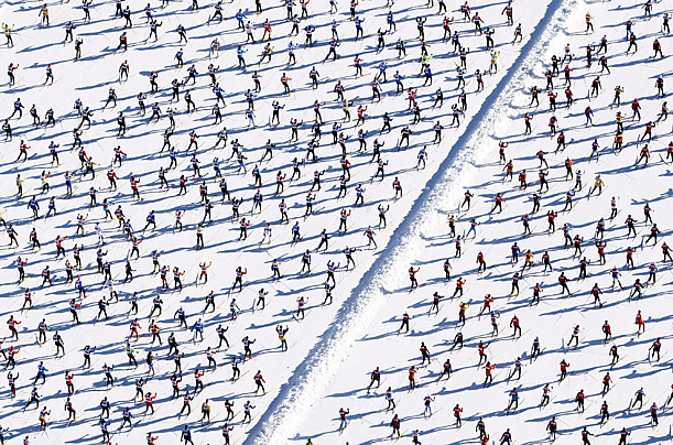 Around 11,000 skiers participate in the annual Engadine Ski Marathon in Switzerland.

