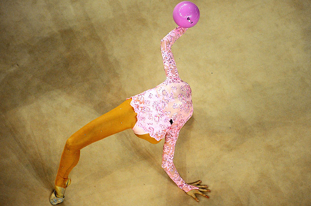 Bilyana Prodanova of Bulgaria performs the ball exercise in the final of the individual competition of the 1st Hungarian Rhythmic Gymnastics World Cup tournament Budapest, Hungary.
