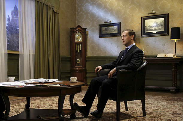 Russian President Dmitry Medvedev pauses during an interview with Russian TV  Channel One in Moscow's Kremlin.

