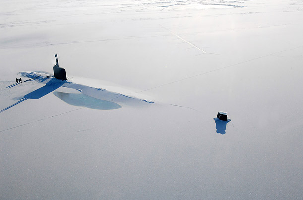 The Los Angeles-class submarine USS Annapolis rests on the Arctic Ocean surface after breaking through three feet of ice.

