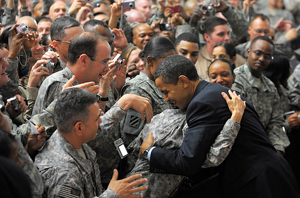 U.S. President Barack Obama greets troops during a surprise visit to Camp Victory Baghdad. Iraq Prime Minister Nouri al-Maliki to discuss the planned withdrawal of U.S. troops, as security issues.