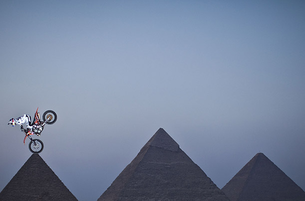 Nick de Wit of South Africa performs in front of the Great Pyramids during the Red Bull Fighters International Freestyle Motocross 2009 Exhibition Tour.