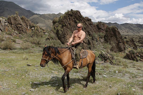 Russian Prime Minister Vladimir Putin rides a horse while on vacation in Tuva, Russia.