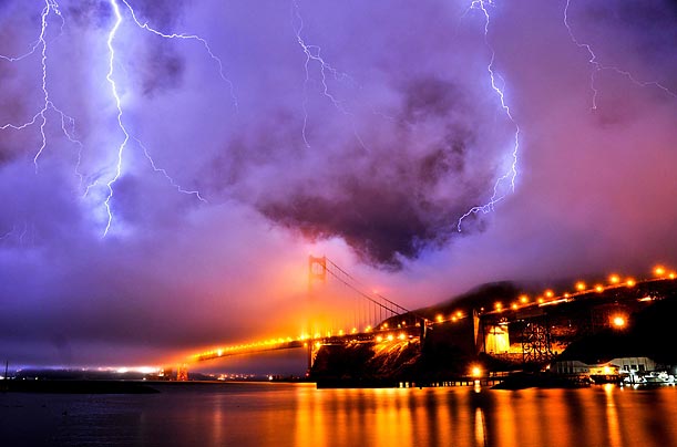 A lightning storm flashes over the Golden Gate Bridge in San Francisco