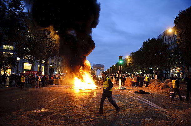 Anger
Farmers demonstrate on the Champs in Paris to protest grain prices that have fallen below the cost of production.