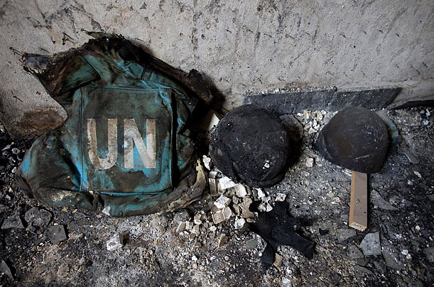 UN-welcome
A United Nations flack jacket and helmets lay on the floor inside a destroyed UN guest house in Kabul