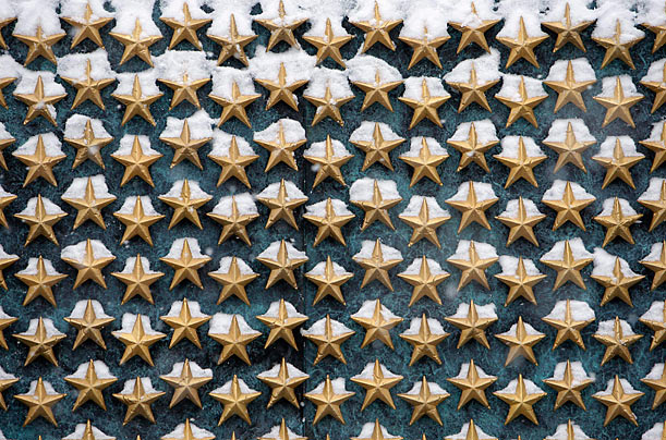 Freedom Wall
Snow blankets the Freedom Wall at the National World War II Memorial in Washington D.C. The wall contains over 4,000 gold stars, with each star representing approximately one hundred American service personnel who were killed in the war. 

