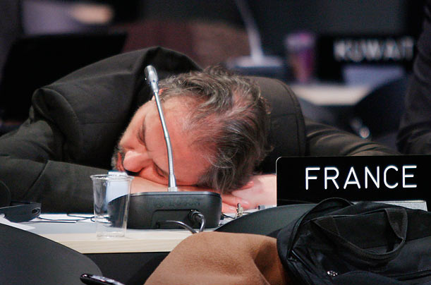 Power Nap
A delegate from France sleeps during a break in an all-night plenary meeting at the UN Climate Change Conference 2009 in Copenhagen, Denmark.
