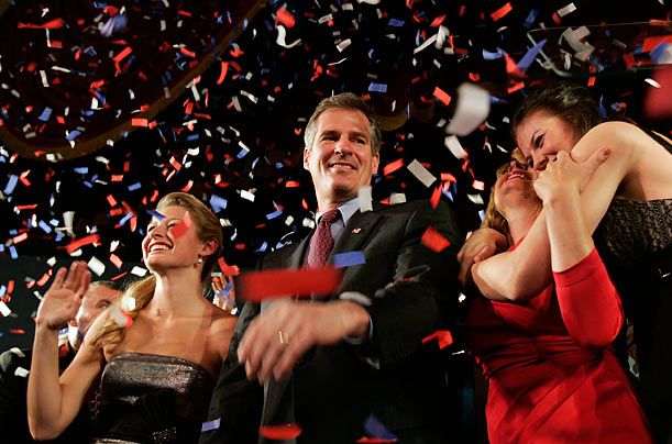 Big Night
Republican Senator-elect Scott Brown celebrates with his daughters Arianna (left) and Ayla (right) along with his wife Gail after winning