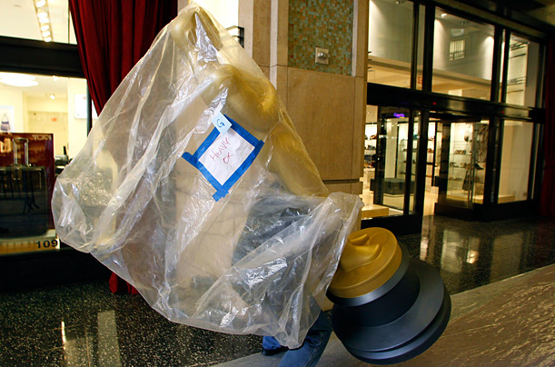 Pictures of the Week: An Oscar statue wrapped in plastic is placed along the red carpet arrival area during preparations for the 82nd Academy Awards in Hollywood March 3,
