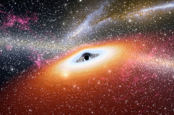 An image made by the Spitzer Space Telescope shows a young black hole about 13 billion light-years away from Earth.