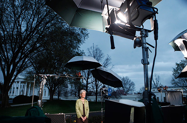 Health and Human Services Secretary Kathleen Sebelius speaks to reporters outside the White House.


