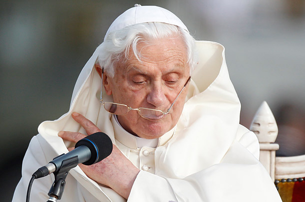 Pope Benedict XVI reads a speech during a welcoming ceremony at the Malta International airport in Luqa, Malta.