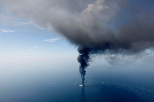 The Deepwater Horizon oil rig burns in the Gulf of Mexico.