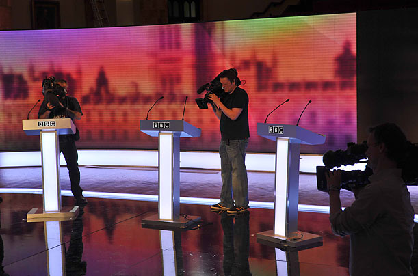 Crews prepare for the third and final political leaders debate ahead of the United Kingdom's general election, which will be held May 6.  
