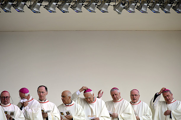 Bishops attend a mass held by Pope Benedict XVI at San Carlo's Square in Turin, Italy.