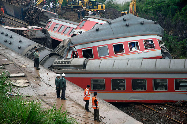 Derailed.  A derailed passenger train lies in a tangled mass of steel in Jiangxi, China.