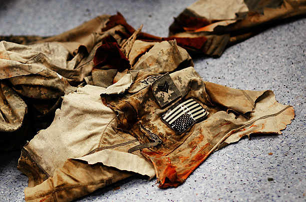 Red Badge of Honor

The blood-soaked uniform of a U.S. Army soldier lies on the floor of the trauma ward at Kandahar Air Field, Afghanistan.