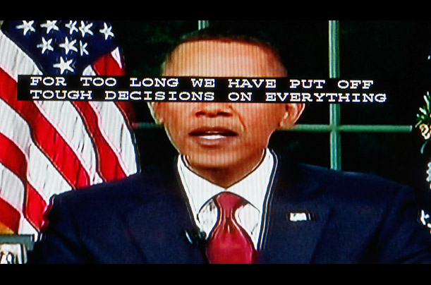 Interlaced

The closed captioning of President Barack Obama's primetime television address declaring an end to the combat mission in Iraq scrolls over his eyes on a television screen in the bar of the Mayflower Hotel in Washington, D.C.