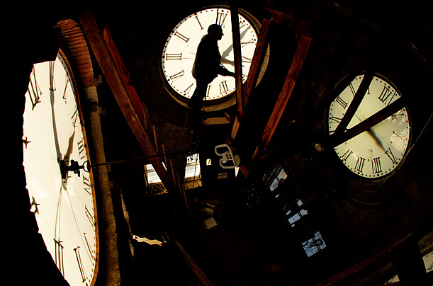 Time's Up

Custodian Ray Keen checks the time on a clock face after adjusting the 97-year-old Clay County Courthouse clock, in Clay Center, Kansas for daylight savings time.
