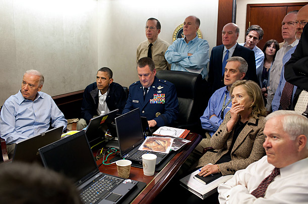 President Barack Obama and Vice President Joe Biden, along with members of the national security team, receive an update in the White House Situation Room against Osama bin Laden.