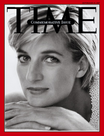A close up black and white photo of Princess Diana.